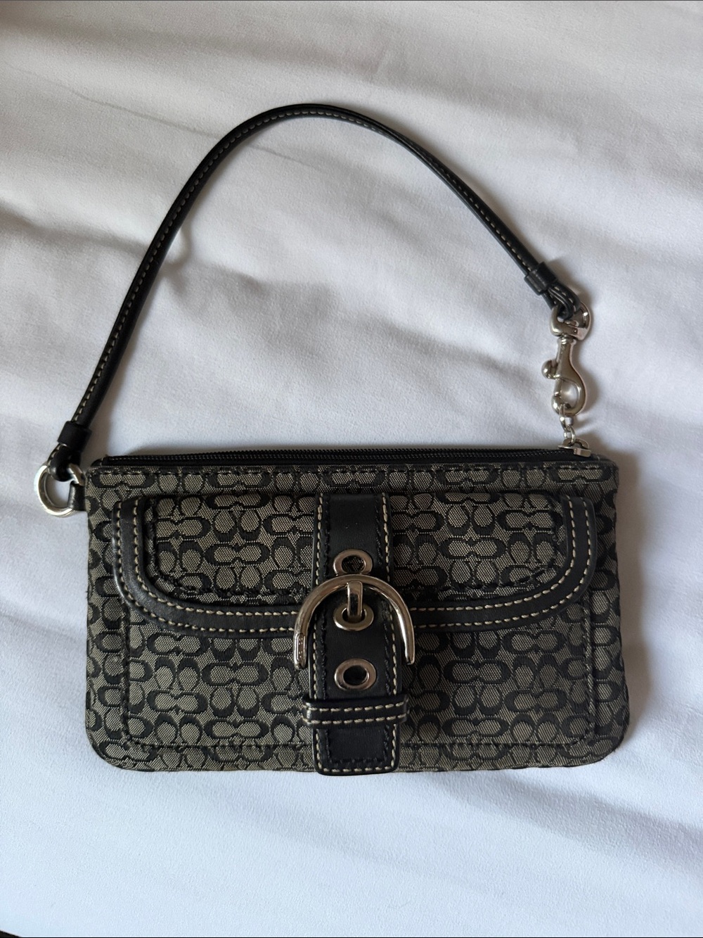 Coach Black Signature Canvas Wristlet with Buckle Detail